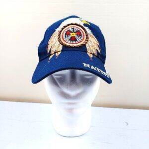 Native Pride Navy Blue Adjustable Baseball Cap With Embroidered Eagle & Feathers